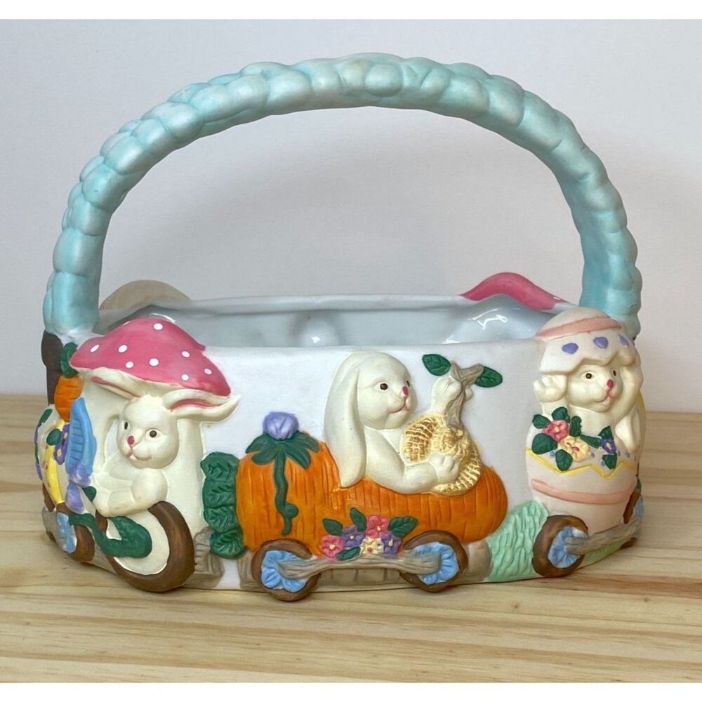 Vintage Easter Bunny Porcelain Train Basket 1995 ABC Candy Dish Decor Planter